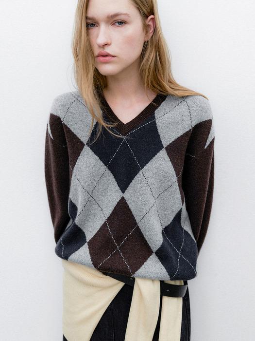 WOOL BLENDED ARGYLE V-NECK KNIT(T-7104)