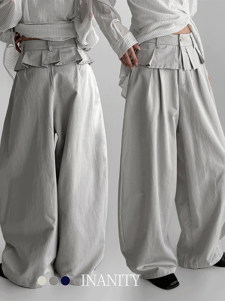 당일출고🚀[26SS/벌룬핏] 코튼 프릴 레이어드 하이웨스트 핀턱 벌룬 와이드 슬랙스 3color