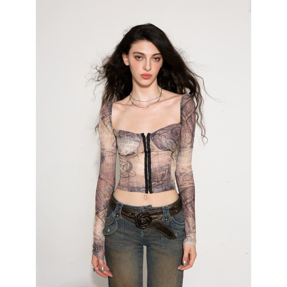 2th Desire 시스루 망사 탑 스판 빈티지 라운드 블라우스