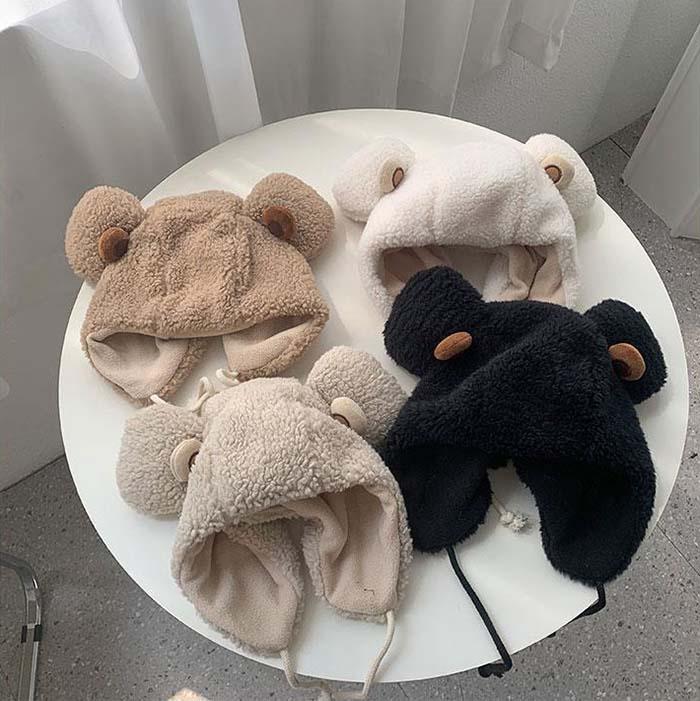 ✨오늘출발✨ 귀여운 겨울 뽀글이 곰돌이 방한 양털 귀달이 모자 귀도리 털모자 귀마개 군밤모자