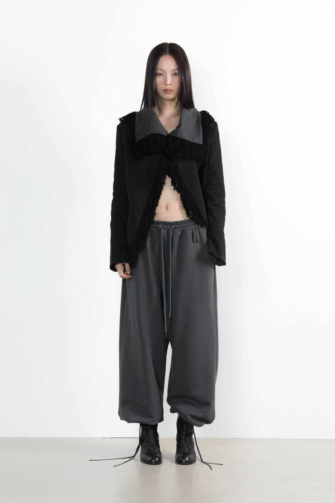 HIGH NECK FRINGE COTTON JACKET BLACK