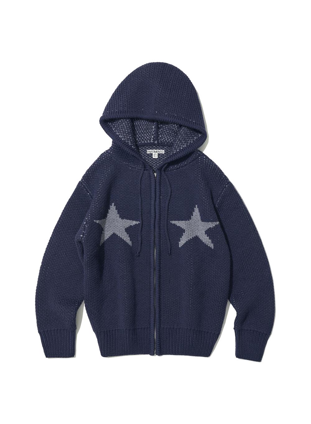 [WOMEN] HOODED STAR KNIT ZIP-UP CARDIGAN_NAVY