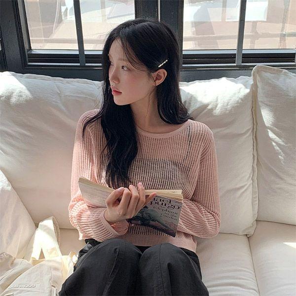 (군살커버템) 보누아 루즈핏 시스루 크롭 긴팔 티셔츠 ts4481