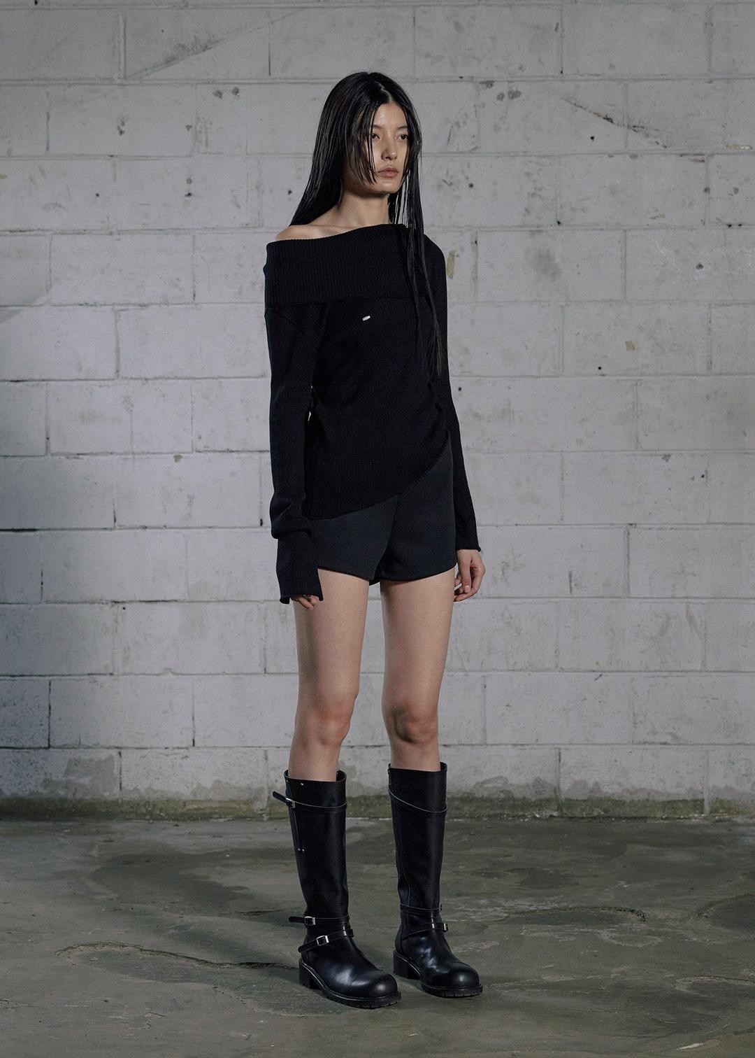 OPEN COLLAR UNBALANCED KNIT, BLACK