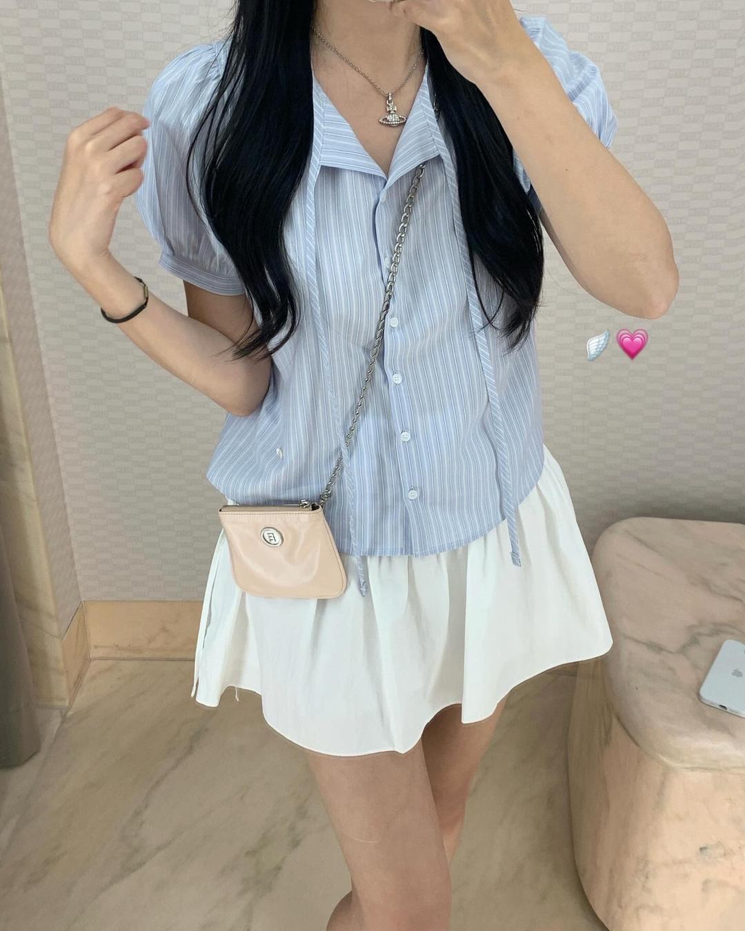 루앤메리 [💗핑크 추가] [🎀MADE/🤍당일발송] 포에 스트라이프 타이 셔츠 블라우스, 여쿨 쿨톤 블라우스