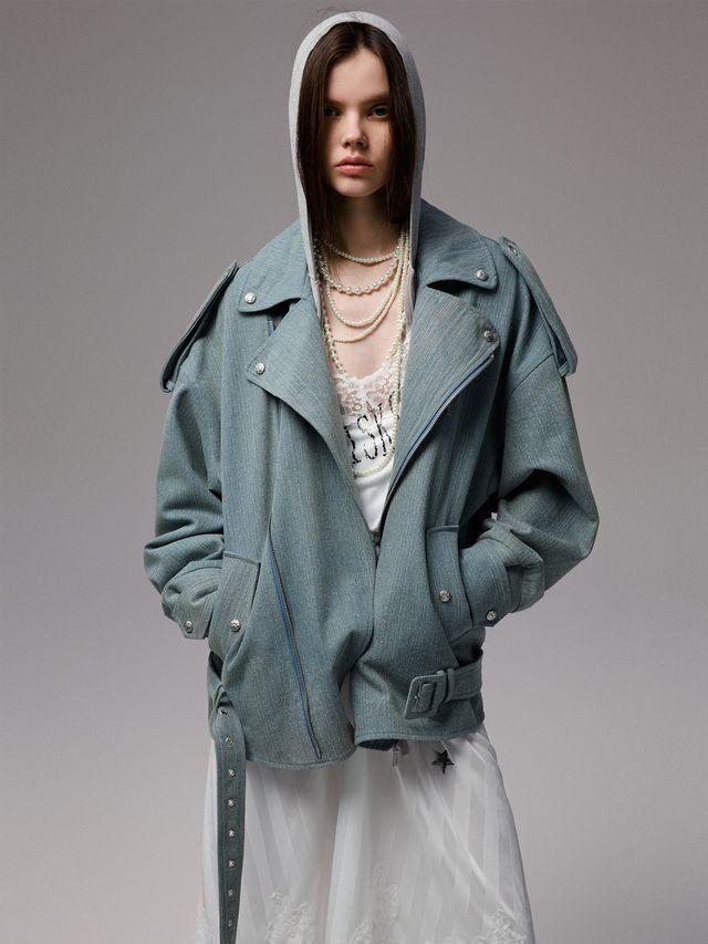 [1JINN STUDIO] Washed Denim Biker Jacket