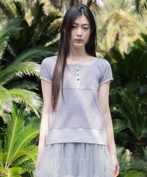 SQUARE NECK JERSEY BLOUSE, LAVENDER STRIPE