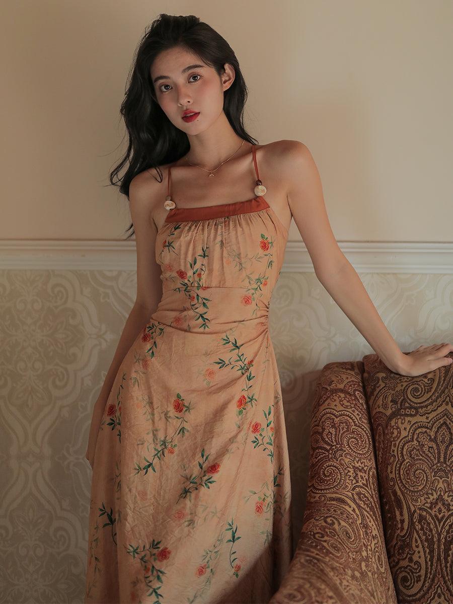 Halter Neck High Waist Rose Print Dress