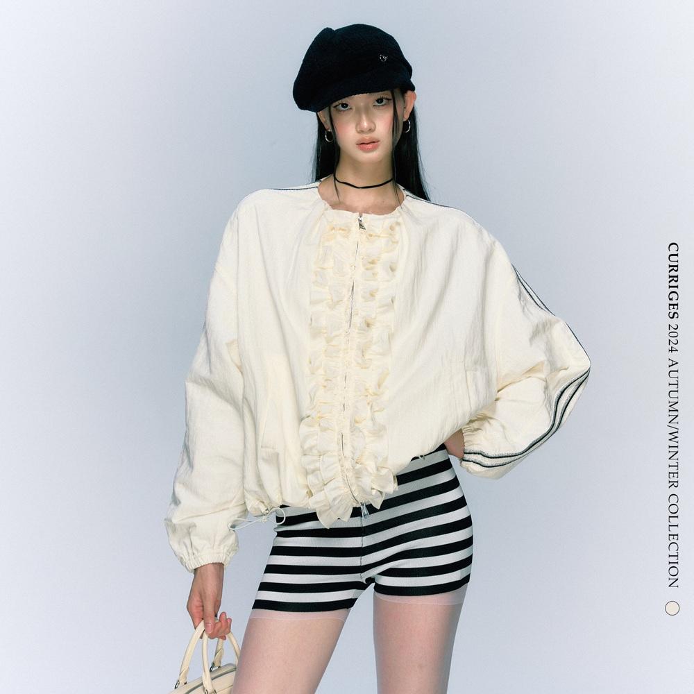 CURRIGES 우븐 재킷 가슴 프릴 라운드넥 집업 스포티 자켓