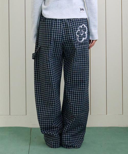 체크 플라워 와이드 팬츠 네이비