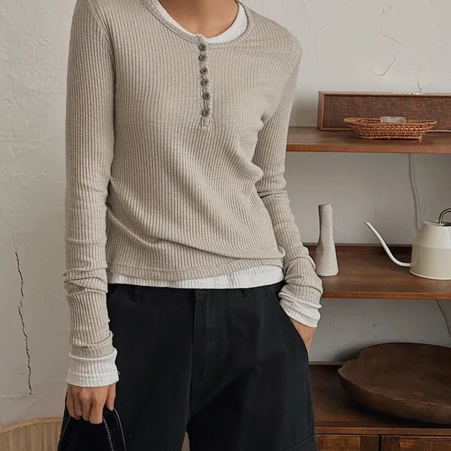 [기획특가] 모달 버튼 베이직 레이어드 골지 티 - 4 color