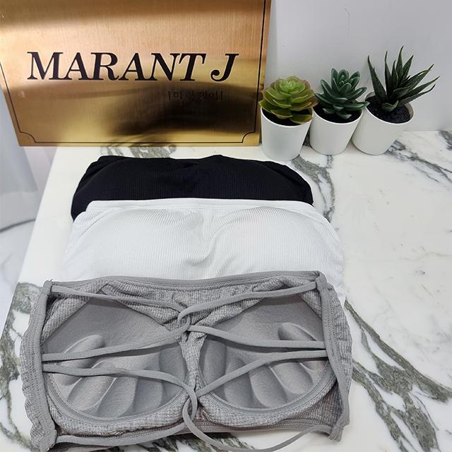 여성 노와이어 골지 면 탑브라 끈없는 오프숄더 튜브탑 탱크탑브라 볼륨패드 크롭나시 3컬러