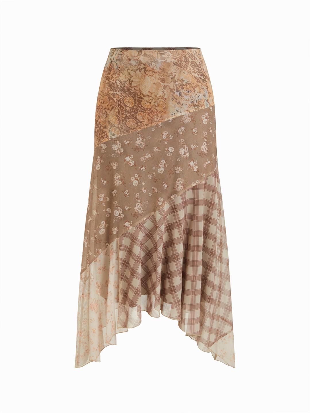 Mesh Floral Asymmetrical Hem Split Maxi Skirt