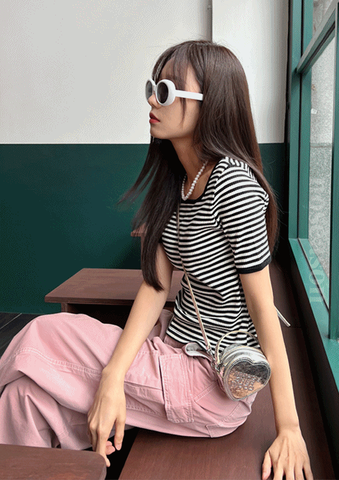 스트라이프 배색 반팔 (2color)