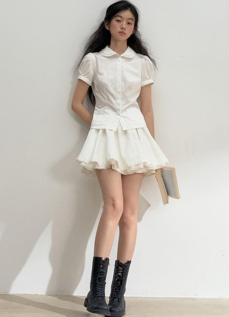 SUNSETPARK 퍼피 화이트 셔링 미니스커트