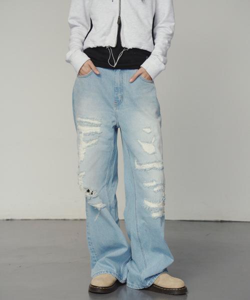 프렌다(PRENDA)  DAMAGE POINT STRAIGHT DENIM PANTS LIGHT BLUE - 사이즈 & 후기 | 무신사
