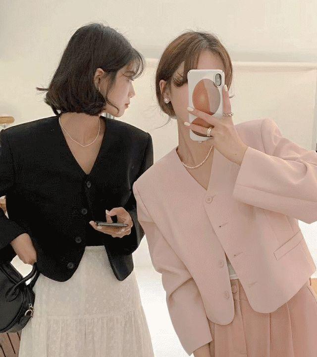 [하객룩] 가을 브이넥 세미 크롭 블레이저 자켓