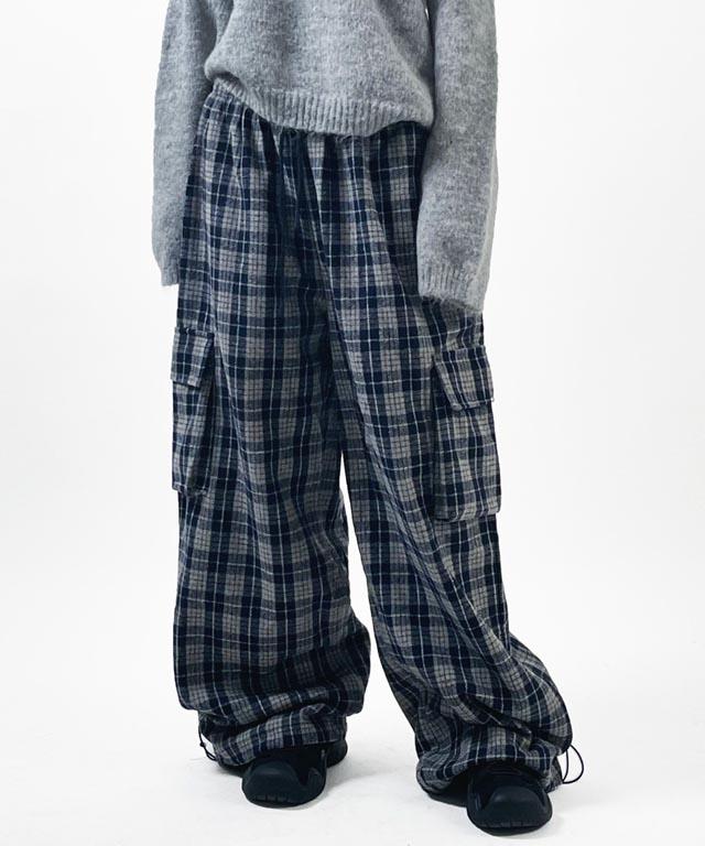 여성와이드바지 체크 모직 밑단조절 투웨이 조거 빈티지 카고팬츠
