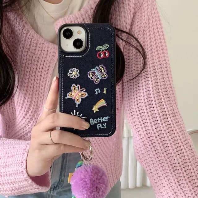 하이틴 데님 나비 자수 스트랩 아이폰케이스