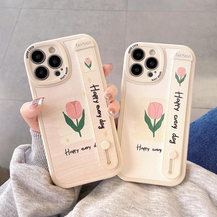 핑크 튤립 데일리 스트랩 거치대 케이스 ( 아이폰 7 8 X XR XS 11 12 13 14 프로 프로맥스 )