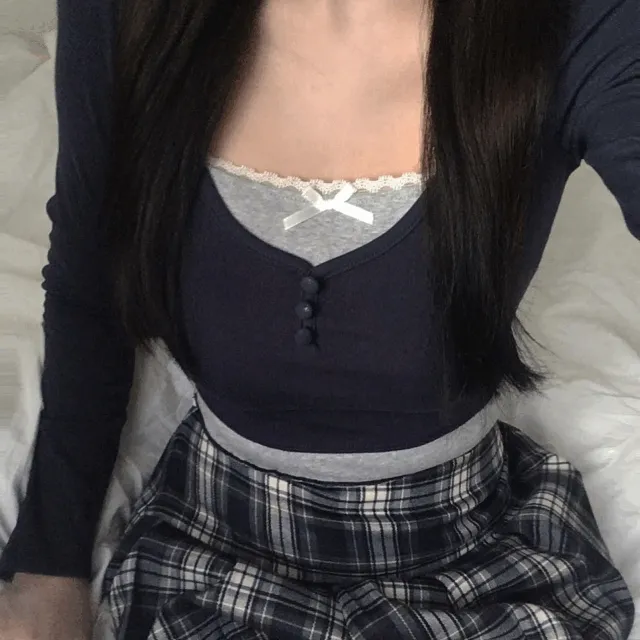 키치 하이틴 리본 레이어드 버튼티