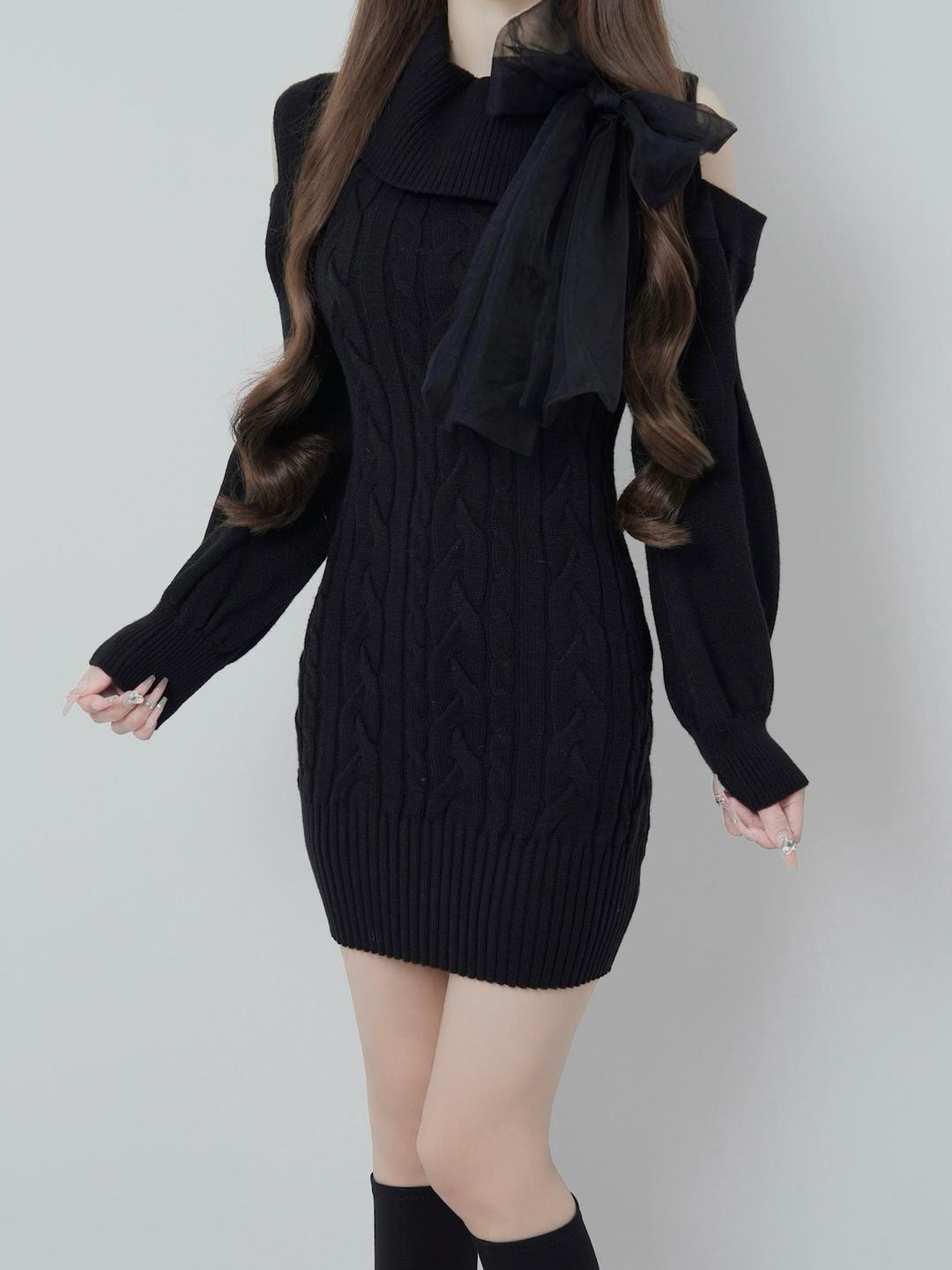 Lumignon original ♥ Tulle ribbon cable knit dress【ブラック】 | Lumignon
