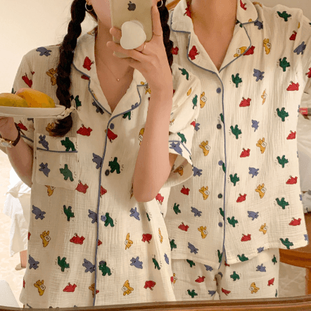 유후 순면 요루면 여름 곰돌이 커플잠옷 신혼부부 반팔 잠옷