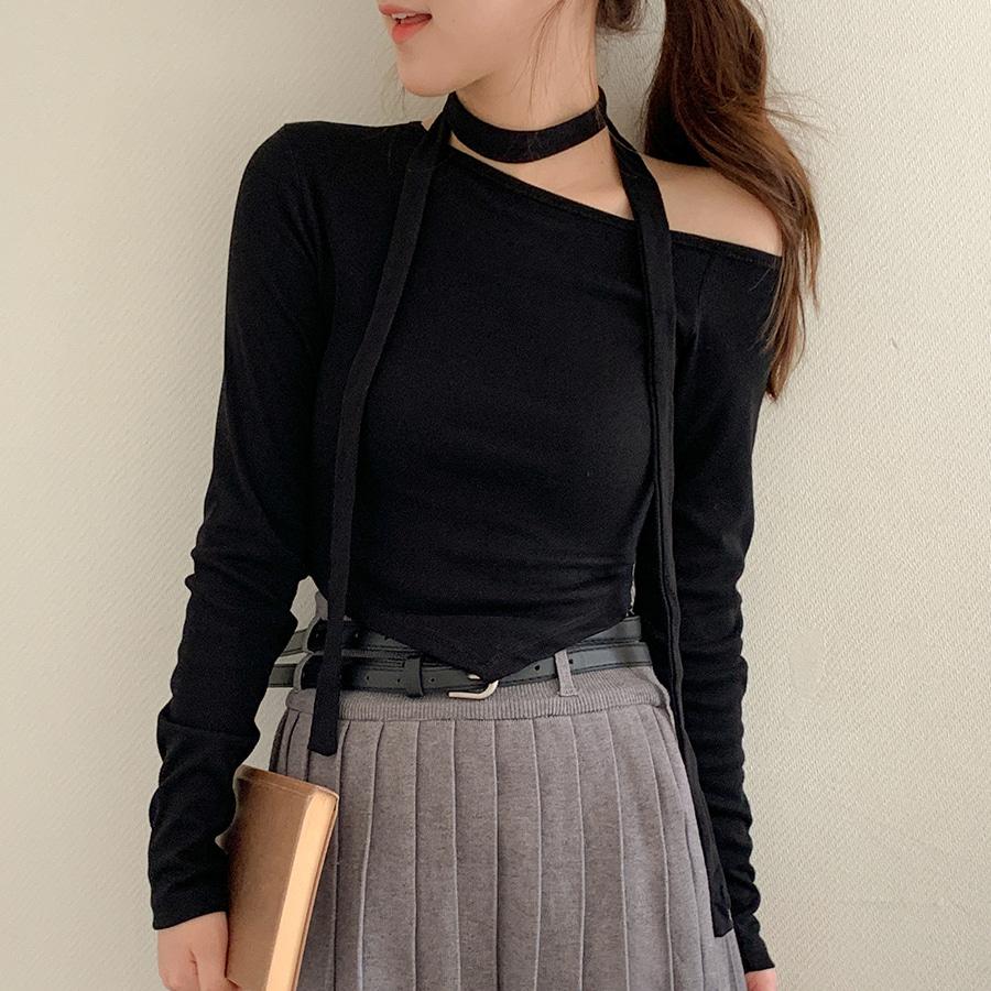 [🎉파티룩/가을신상] 머플러포인트 언발크롭 티셔츠