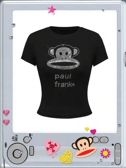 Paul Frank X ROMWE 여성 Y2K 배디 하위문화 캐주얼 라인스톤 장식 슬림 핏 티셔츠