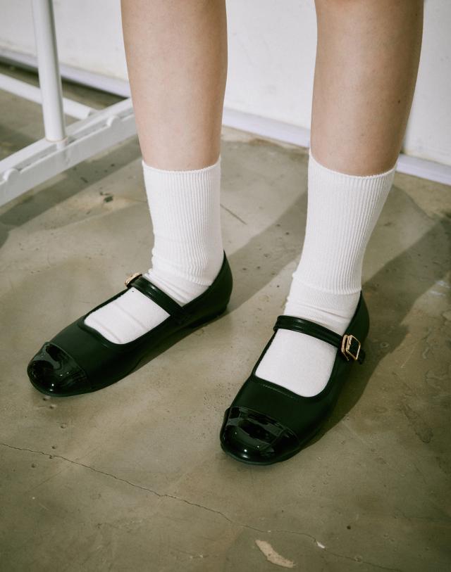 [핼리] 블랙 컬러배색 메리제인 플랫슈즈 (굽높이 : 1 cm/볼넓이 : 8.3 cm)