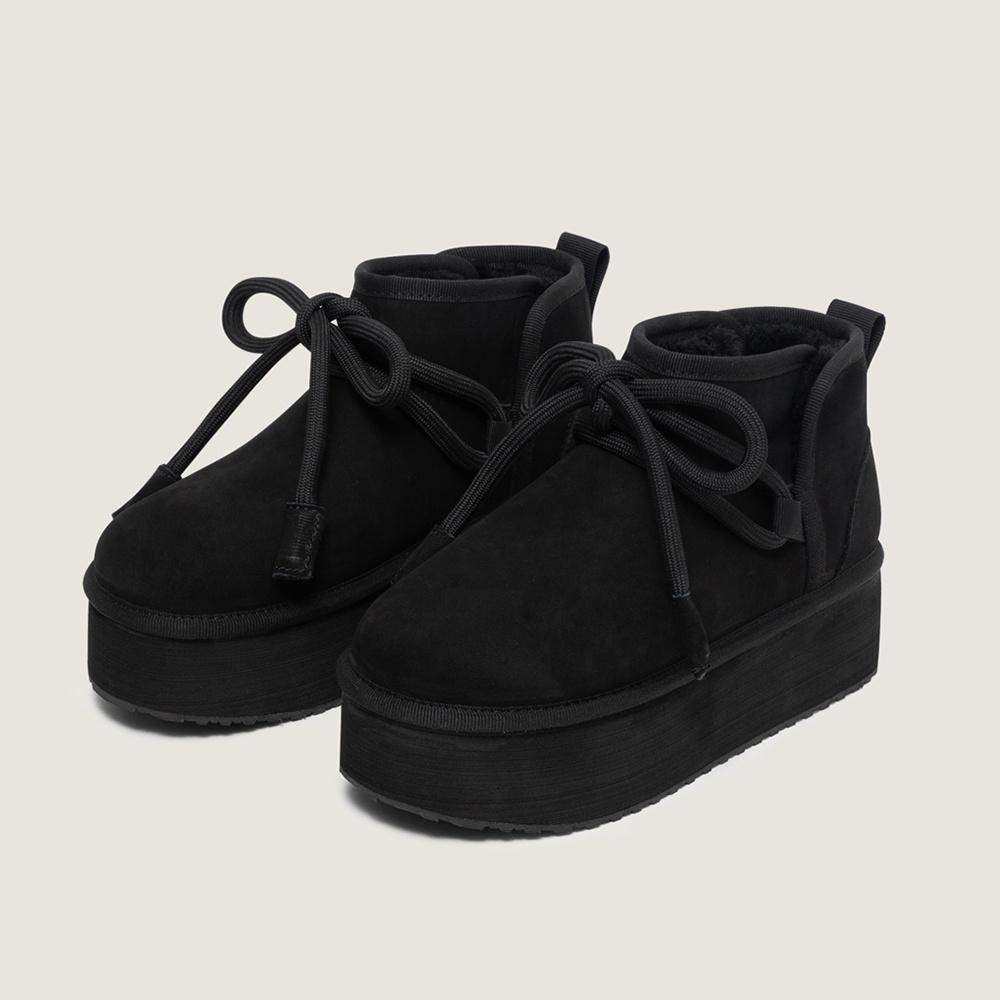 Fuzzy ribbon platform boots_Black