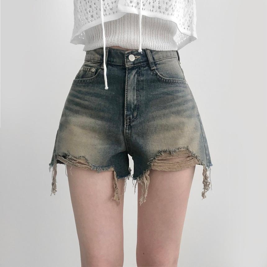 리리의감각 [빈티지] 반하이웨스트핏, 디스트로이드 구제 중청 숏 데님팬츠