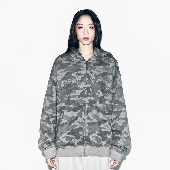 STUDDED ZIP-UP HOODIE OVERSIZED CAMO