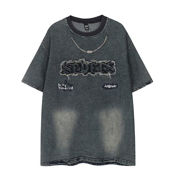 Denim Chain Fringe Embroidery 2Color TEE (0688)