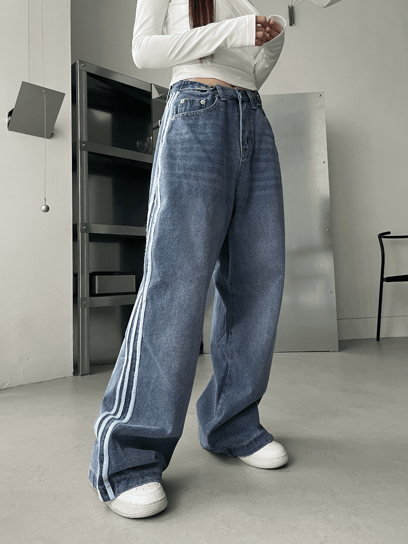 Three lines String Wide Denim Pants