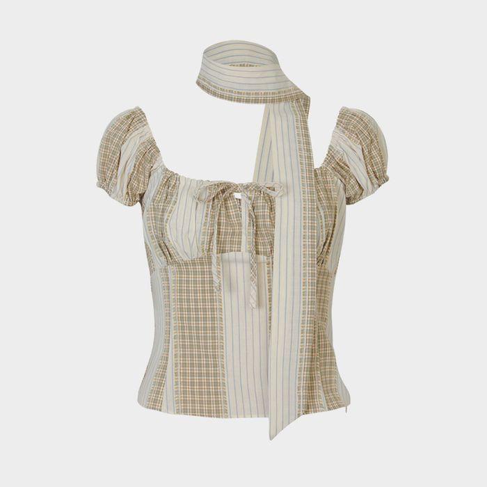 [3차][SET] Baby Mushroom Mix Blouse (Scarf Set / Beige)
