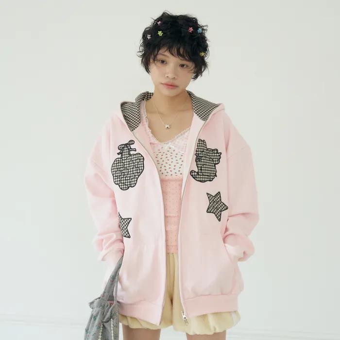 KIRING CHECK PATCH HOODIE (PINK)
