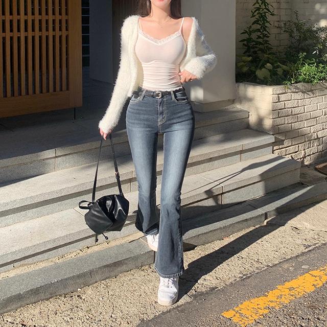 블러핏 [ 자체제작/ 기장선택 ] 글로잉 진청 워싱 하이웨스트 부츠컷 데님 청바지