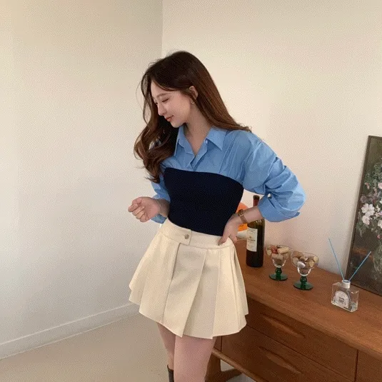 [ 5color/ 흘러내림X]  레이어드 뷔스티에 탑 골지 슬림핏 데일리템