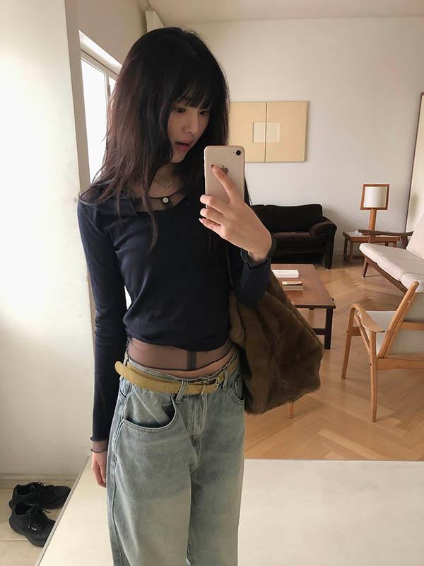 블렘토 (단독착용가능)골지&매쉬 레이어드 탑