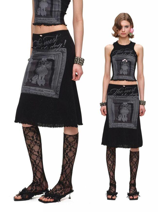 [1JINN STUDIO] Poodle Frame Print Top & Skirt Set