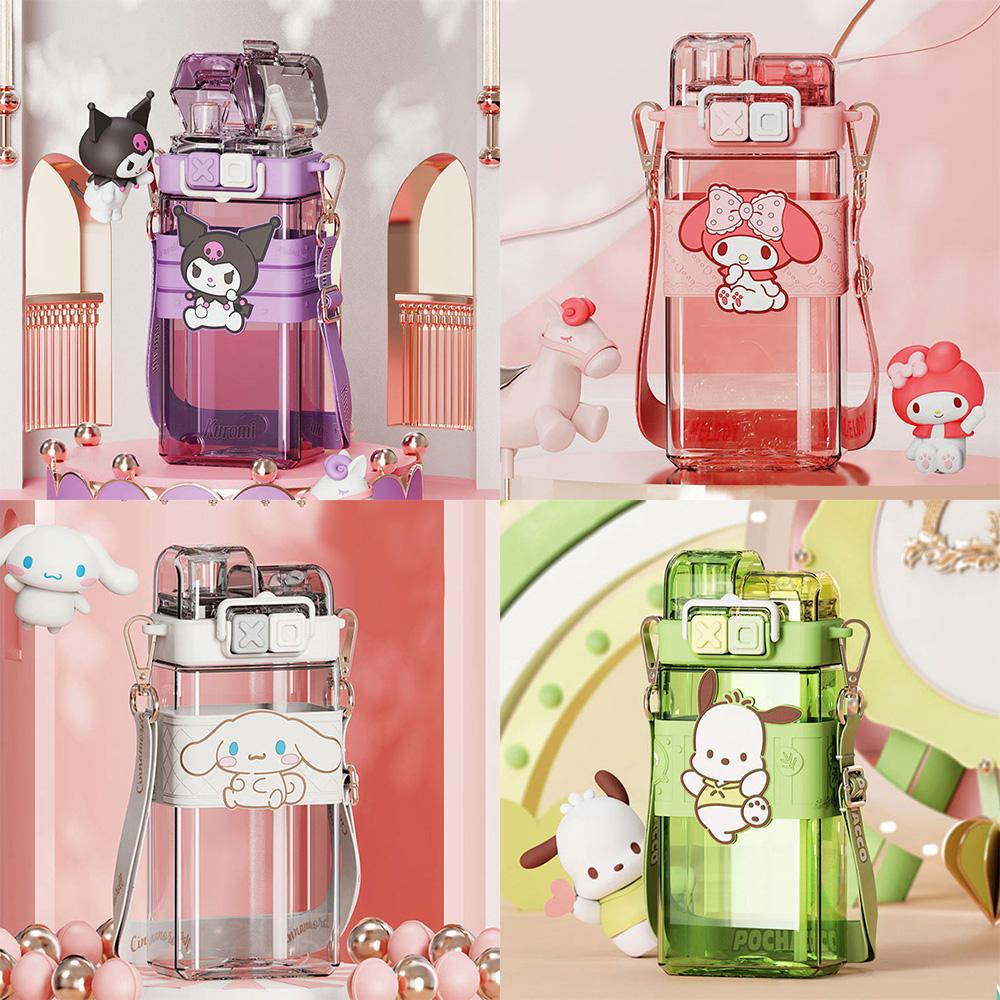 산리오 더블캡 롱 빨대 물통 (520ml) 쿠로미 마이멜로디 시나모롤 포차코 텀블러 시원한
