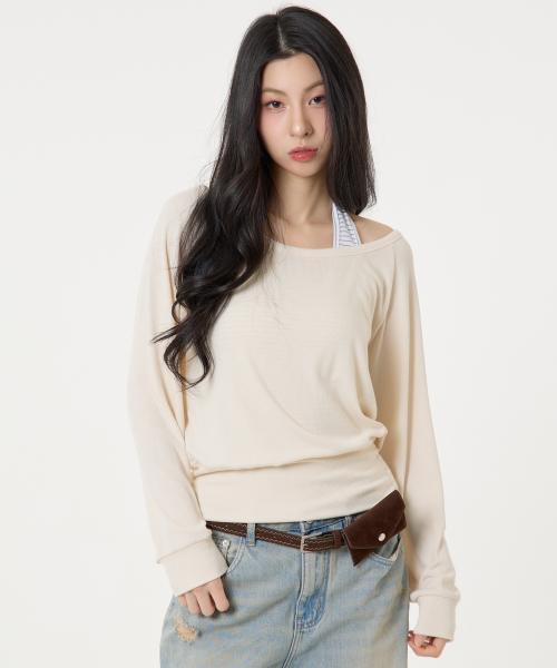 [SET]레이어드 스트라이프 홀터 탑 롱슬리브 티셔츠 베이지