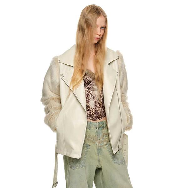 1JINNSTUDIO Sleeve splicing eco-friendly fur locomotive leather jacket