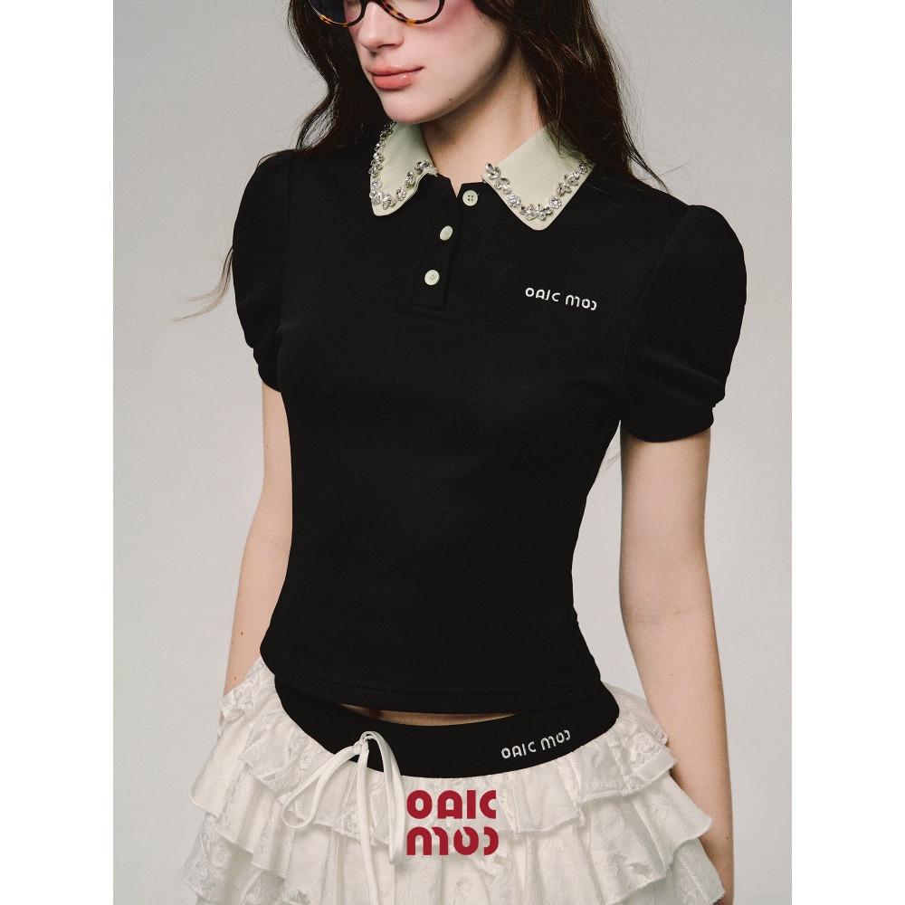퍼프소매 반팔 카라티셔츠 블랙 큐빅카라 벌룬티