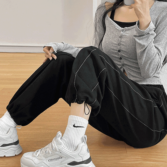 [당일출고*기모선택/조거&일자]내맘대로 스트링 조절/스티치 허리밴딩 하이웨스트 트레이닝 팬츠 (2color)