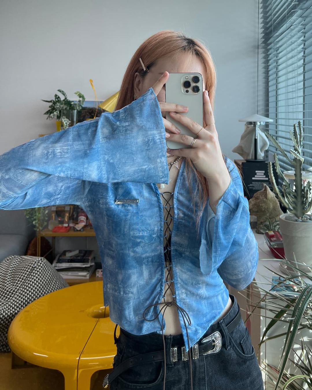 strap blue see through blouse | 후루츠패밀리