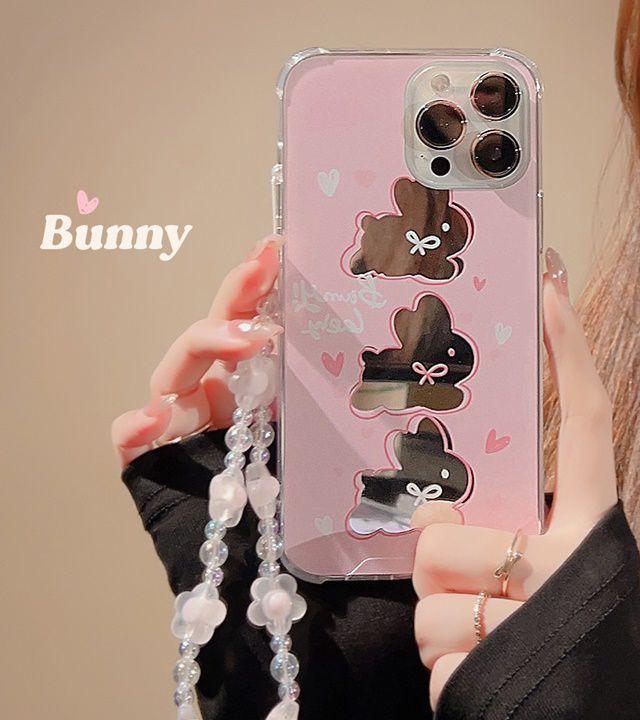 [당일출고]15입고 핑크 러블토끼 비즈 스트랩 귀여운 미러 아이폰케이스 범퍼 거울 핸드폰 생일선물 우정템 ( 아이폰 7 8 Se2 Se3 X Xs XR 11 14 15 프로 맥스 12 13 미니 )