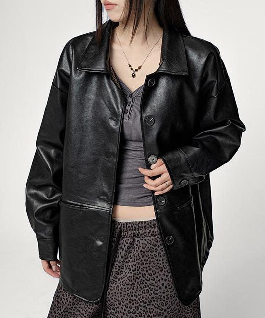 구피무 레더 오버핏 싱글 하프 자켓 LEATHER OVERFIT SINGLE HALF JACKET