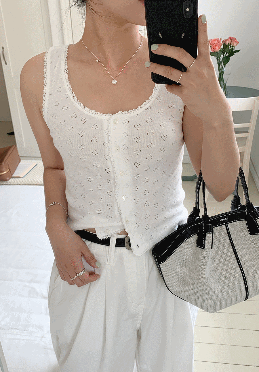 테니 하트 펀칭 여름 버튼 나시 티셔츠 3color